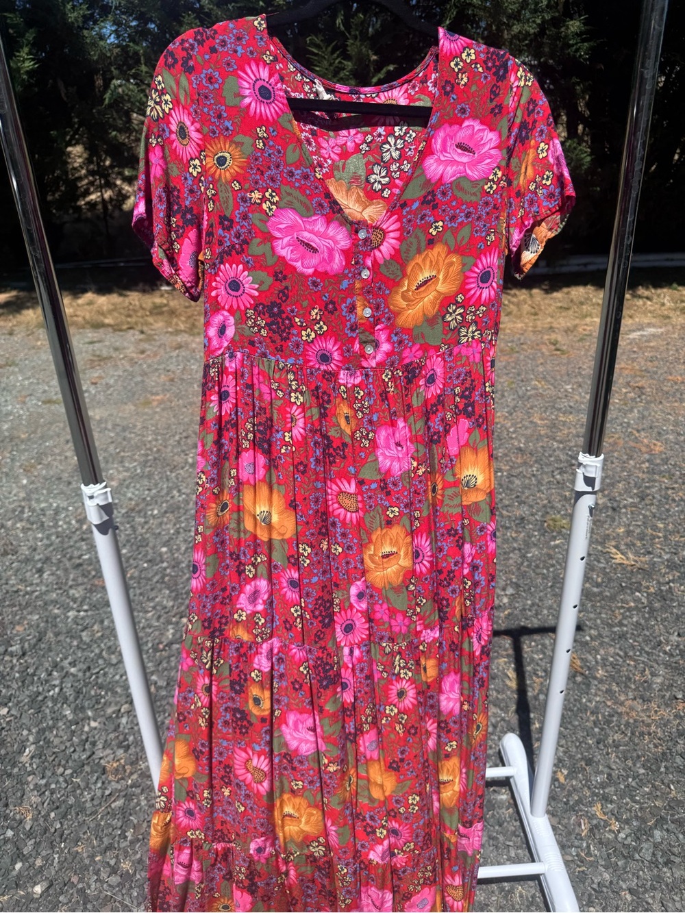 Floral Pink & Orange Maxi Dress with V-Neck